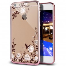 iPhone 6 6s Plus 5.5 - Secret Garden Floral and Butterfly Bling Rhinestone Electroplated Clear Soft TPU Protective Phone Cover Case - Rose Gold and White Flower